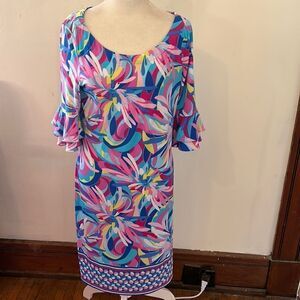 Papagallo pink blue multicolored shirt bell sleeve patterned dress size M New